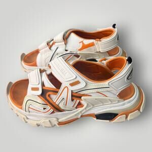 Balenciaga Men's Sport Sandals White/Orange Leather Hook & Loop Logo Sz 8
